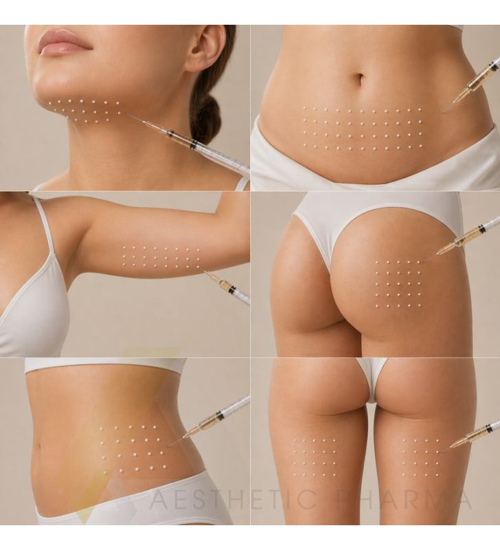 Zonas de lipólisis inyectable: mentón, abdomen, flancos, brazos, muslos, subglútea.